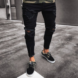 Mens Cool Designer Brand Black Jeans Skinny Ripped Destroyed Stretch Slim Fit Hop Hop Pants With Holes For Men - KARZIZ